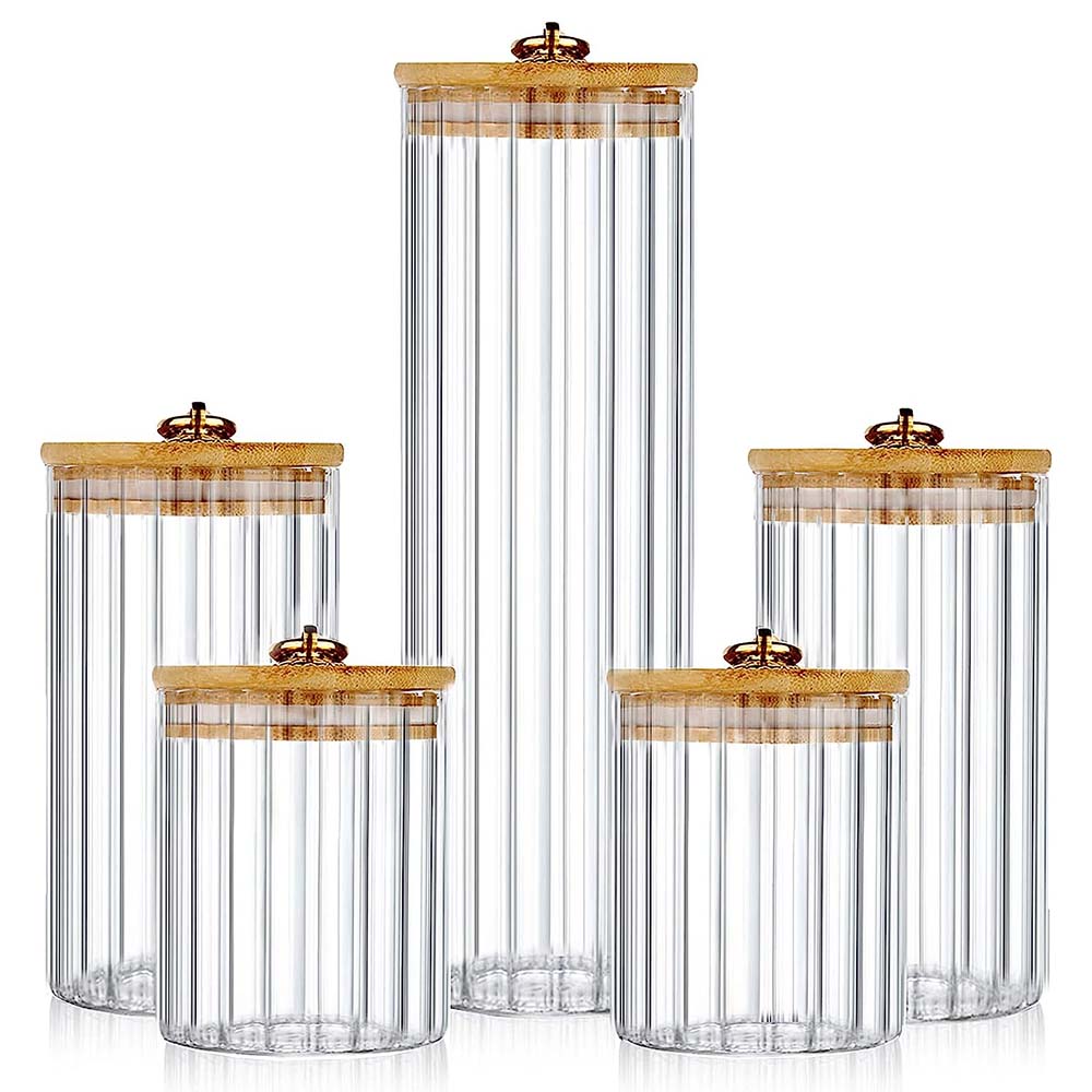 Food Storage Glass Container Set - 3'lü Cam Saklama Kavanozları Seti, Bambu