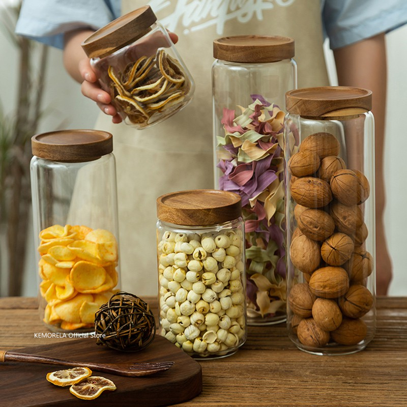 Food Storage Jars With Wooden Lids - Ahşap Kapaklı Cam Hava Geçirmez Teneke