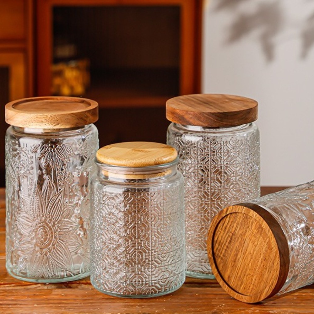 Food Storage Jars With Wooden Lids - 1000 ML Saklama Şişeleri Kavanoz Kabartmalı