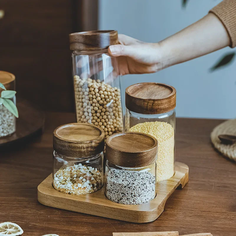 Food Storage Glass Container Set - Ahşap kapak Orgnizer cam hava geçirmez