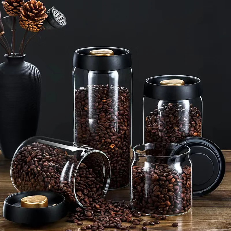 Food Storage Glass Container Set - Kahve çekirdekleri vakumlu mühürlü kavanoz, şeffaf